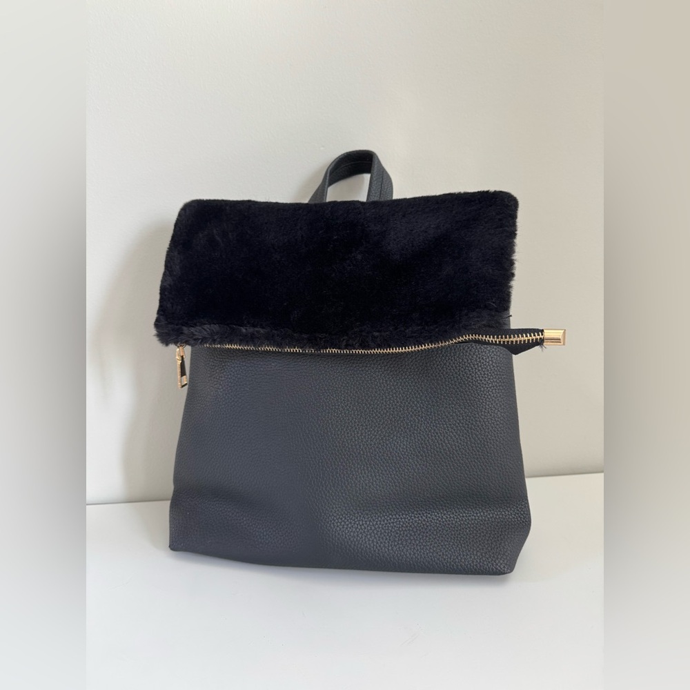 Fur Foldover Slouchy Leather Backpack